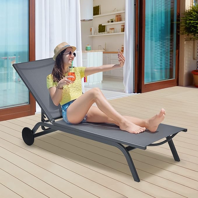 Giantex Patio Chaise Lounges Aluminum Recliner W/Adjustable 6 Backrest Positions and Wheels for Patio Beach Poolside - Photo 4