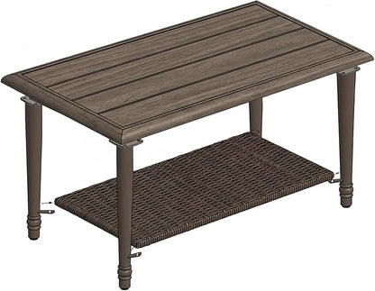 Outdoor Coffee Table, Heavy Duty Wicker Coffee Table, 2-Tier Patio Table with Storage, Patio Coffee Table for Garden Deck Balcony Poolside
