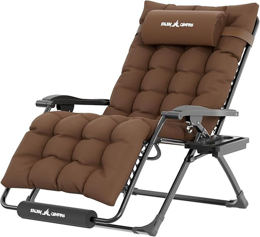 UDPATIO Oversized Zero Gravity Chair 29In XL Patio Reclining Chair with Cushion, Outdoor Folding Recliner with Pillows|Cup Holder|Foot Rest|Padded Headrest, Brown, Support 500LB