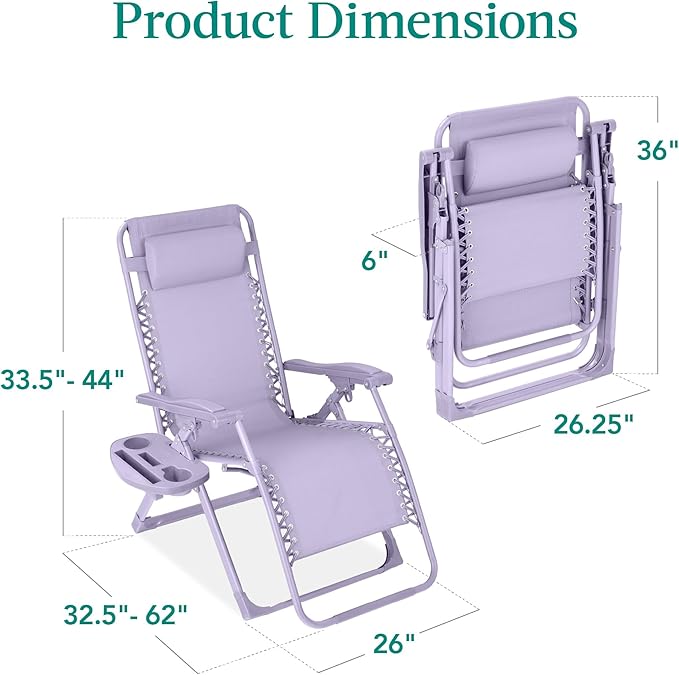 Best Choice Products Adjustable Zero Gravity Chair, Monochromatic Color Folding Patio Recliner w/Side Tray, Headrest - Lavender