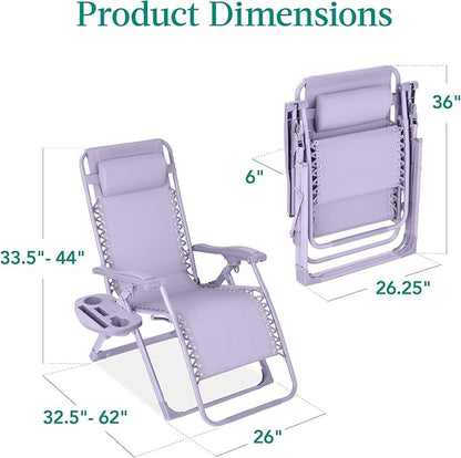 Best Choice Products Adjustable Zero Gravity Chair, Monochromatic Color Folding Patio Recliner w/Side Tray, Headrest - Lavender