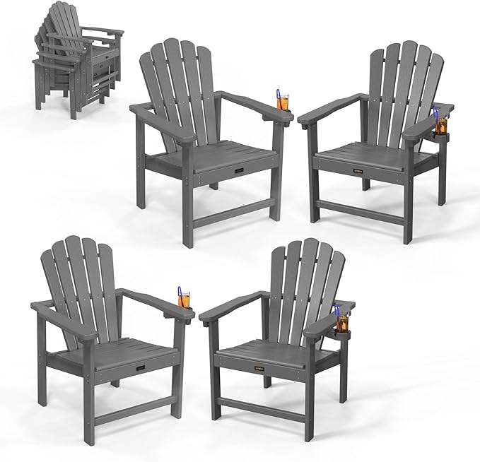 VINGLI Plastic Folding Adirondack Chair with Cup Holder, 100% Recyclable HDPE Material, Comfortable 380lb Weight Capacity for Outdoor Pool Patio Lounge Chair Lawn Furniture Fire Pit, 4 Pack,Gray