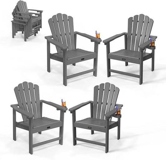 VINGLI Plastic Folding Adirondack Chair with Cup Holder, 100% Recyclable HDPE Material, Comfortable 380lb Weight Capacity for Outdoor Pool Patio Lounge Chair Lawn Furniture Fire Pit, 4 Pack,Gray