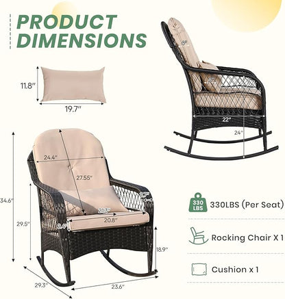 LVUYOYO Outdoor Rocking Chair, Patio Wicker Rattan Rocker Chair with Cushions, Rocking Wicker Furniture Set for Deck, Porch, Garden, Backyard (Khaki)