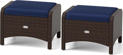 RELAX4LIFE Wicker Outdoor Ottomans for Patio - Set of 2 Rattan Footstools w/Removable Cushions, Multipurpose Outside Foot Rest, Side Table & Additional Seating for Porch Garden Backyard (Navy)
