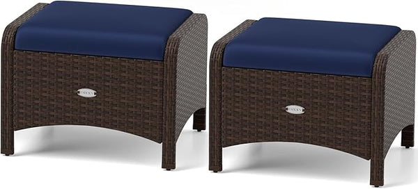 RELAX4LIFE Wicker Outdoor Ottomans for Patio - Set of 2 Rattan Footstools w/Removable Cushions - Photo 1