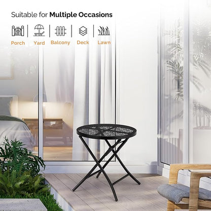 Patio Folding Side Table, Round Outdoor End Table,18 inch Folding Patio Side Table, Metal Steel Outdoor Round Coffee Table with Flower Cutouts for Patio Yard Balcony Garden, Black