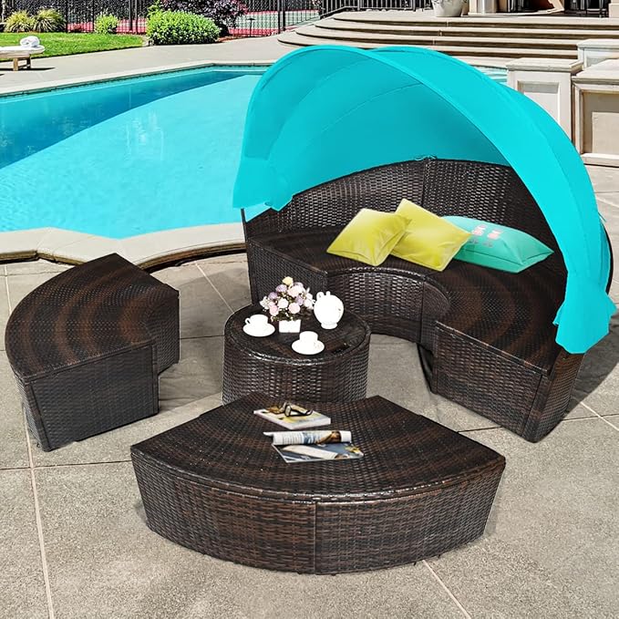 HAPPYGRILL Patio Round Daybed with Canopy, Outdoor Wicker Rattan Sectional Sofa with Coffee Table, Cushions - Photo 2