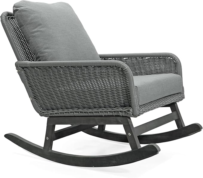 Outdoor Wooden Rocking Chair, Patio Rocking Chair with Soft Cushions & Wood Leg - Photo 4