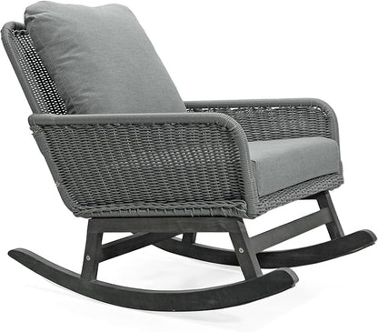 Outdoor Wooden Rocking Chair, Patio Rocking Chair with Soft Cushions & Wood Leg, Rocker Chairs with Solid Wood for Indoor, Outdoor, Backyard, Garden, Yard, Patio (Grey)