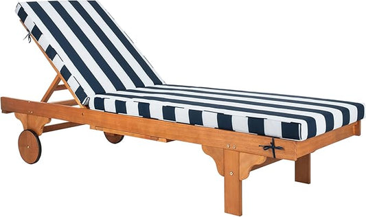 SAFAVIEH Outdoor Collection Newport Natural/ Navy & White Stripe Cushion Built-in Side Table Adjustable Chaise Lounge Chair
