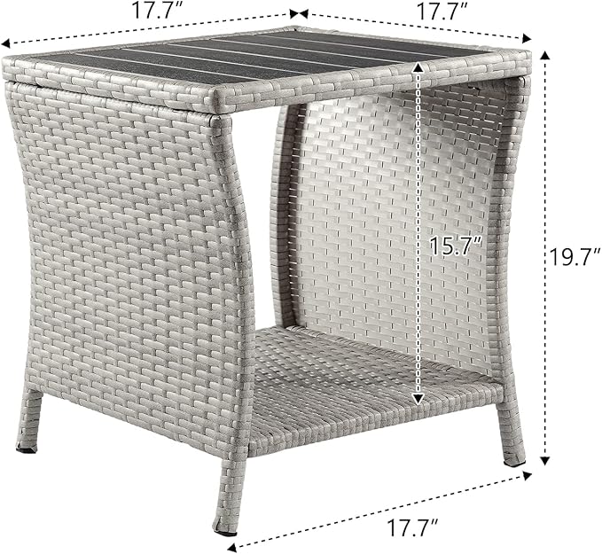 Outdoor Side Table for Patio Small Rattan Wicker Coffee Table Balcony Table Outside End Table with Poly Lumber Table Top & Storage Bistro Table for Garden Porch Deck Living Room Backyard Grey