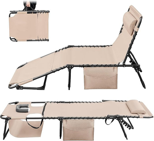 Greesum Chaise Lounge Folding Tanning Chair with 5 Position Adjustable Back, Detachable Pillow & Pocket for Outside Pool, Beach, Sunbathing, Beige w/Face Hole