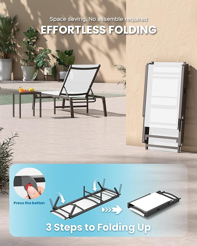 Foldable Lounge Chair Outdoor, Aluminum Pool Lounge Chairs with 5 Positions Recliner - No Assembly - Patio Chaise - Photo 7