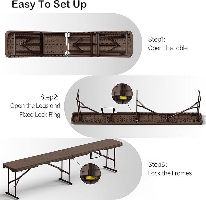 6 Foot Folding Bench, Portable Plastic Folding Bench Seat, Foldable Seat for Indoor Outdoor Picnic Camping Dining, Soccer Garden Multipurpose Entertaining Activities, Brown, 1 Pack