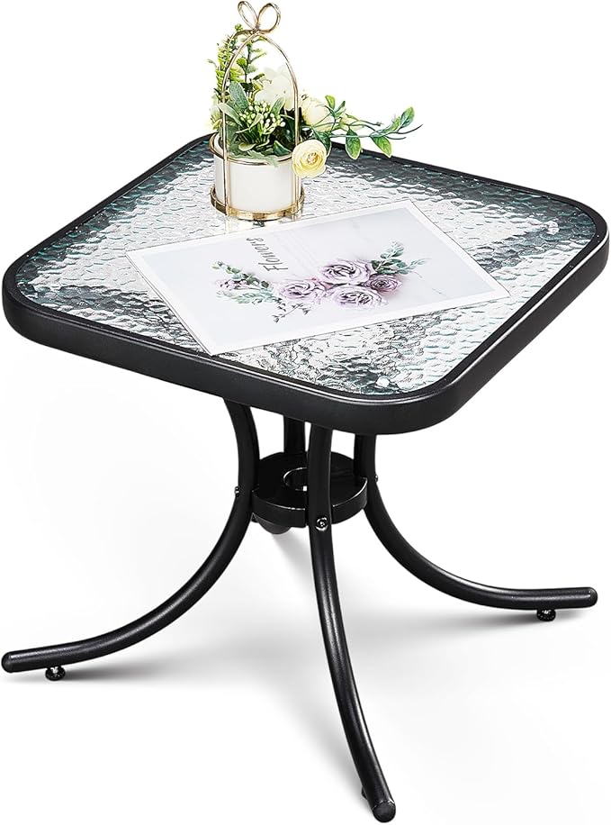 VINGLI Outdoor Side Table, 18" Patio Table Steel Frame Tempered Glass Top - Photo 1