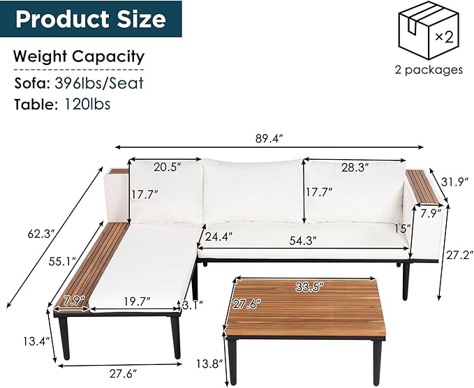 Modern Acacia Wood Patio Furniture Set with Removable Cushions, Coffee Table and Side Table - Photo 3