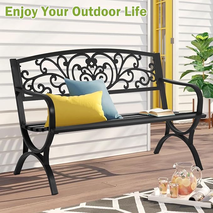 BSTOPHKL 50 Inches Outdoor Garden Bench,Metal Outdoor Furniture Patio Park Bench with Armrests Slatted Seat and Floral Design Backrest for Courtyard Porch Lawn Garden,Black