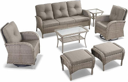 7 Pieces Outdoor Patio Furniture-Swivel Patio Chairs Set of 2 Outdoor Wicker Rattan Sofa Couch with Ottoman Outdoor Conversation Set for Deck Porch Garden Balcony Poolside-Grey/Grey
