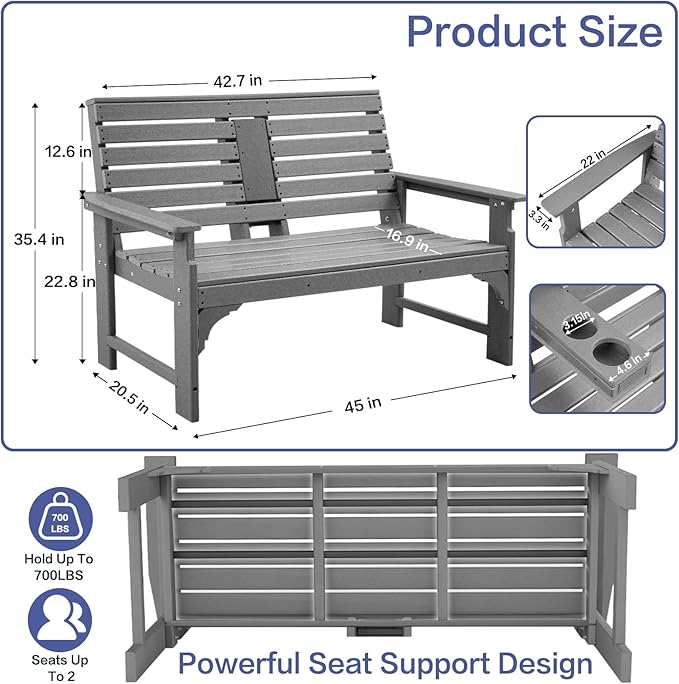 Outdoor Bench Weatherproof - HDPE 2-Person Garden Bench with Cup Holders, Bench Furniture with Backrest and Armrests, 700 lbs Capacity, Patio Park Bench for Front Porch Backyard Park (Grey)