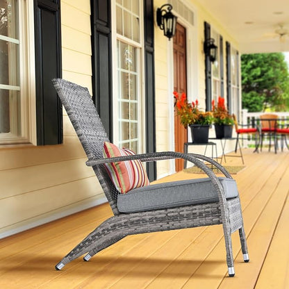 Outdoor Patio Wicker Rattan Adirondack Chair Outside Fire Pit Chairs Comfy Relax Accent Patio Chair Low Deep Seating High Back with Cushion and Pillow for Porch Deck Balcony Lawn Backyard Mixed Grey
