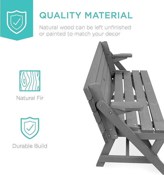 Best Choice Products 2-in-1 Transforming Interchangeable Outdoor Wooden Picnic Table Garden Bench for Backyard, Porch - Photo 3