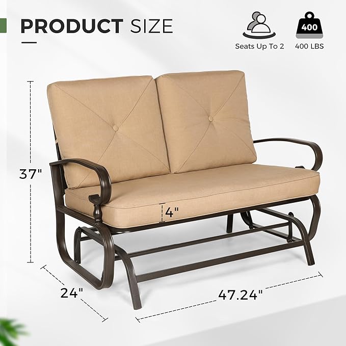 Crownland Outdoor Patio Glider Chair, Rocking Glider Bench for 2 Person, Porch Furniture Loveseat Seating - Photo 3