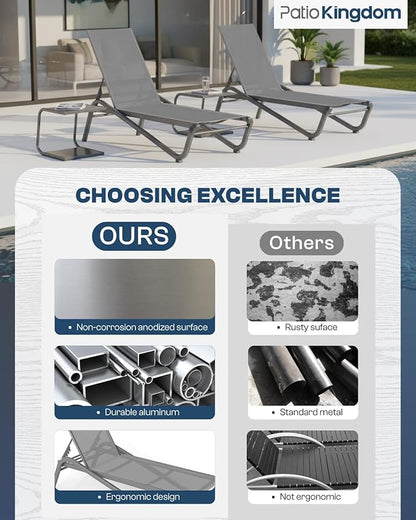 Lounge Chair Set of 4, Aluminum Chaise Lounge Outdoor, Lightweight Lounge Chairs for Outside with 5 Adjustable Backrest, Pool Lounger for Poolside, Beach, Balcony, Deck (Grey)