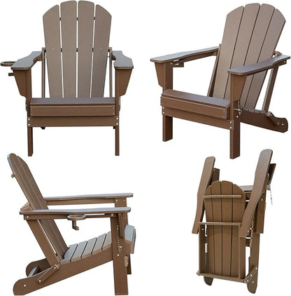 Domi Folding Adirondack Chair, HDPE Adirondack Chair with Cup Holder, Wooden Textured Fire Pit Chairs for Patio Backyard Lawn, Brown