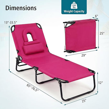GYMAX Tanning Chair, Folding Lounge Chairs with Face Hole & Cover, Removable Pillow Carry Handle, Portable Compact Outdoor Layout Recliner for Beach, Poolside, Lawn, Patio, Camping (Pink,2)