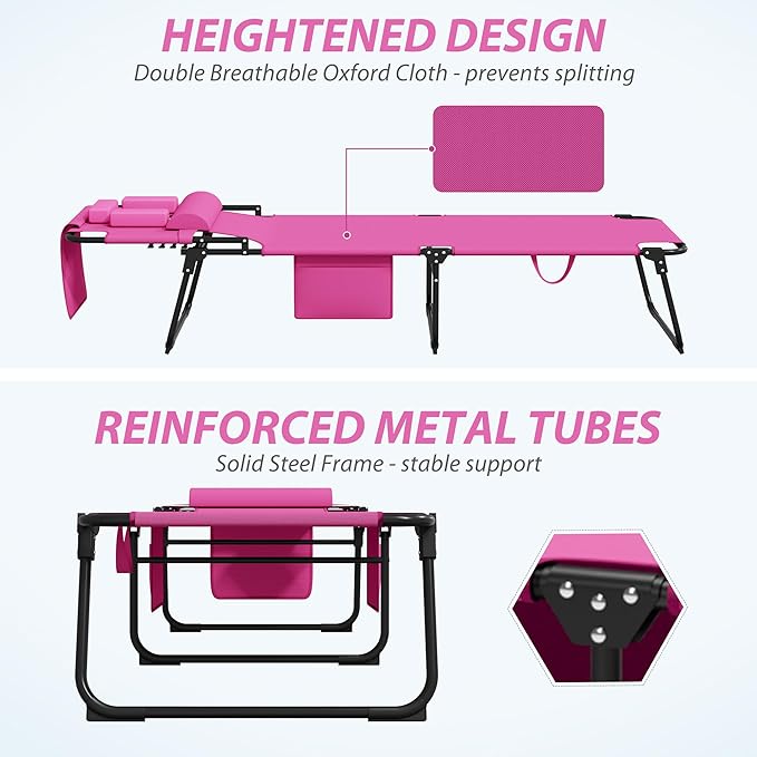 400lbs Tanning Chair, 5-Fold Beach Lounge Chair with Face Hole & 2 Side Pockets, Non-Slip Foot & Portable Handle - Photo 4