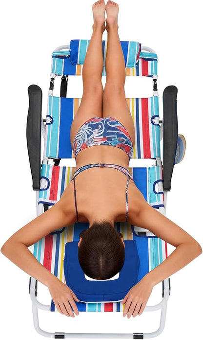 MOPHOTO Oversized Beach Lounge Chair, 5-Position Adjustable Tanning Chair with Face Hole, Heavy Duty Folding Chaise Lounge for Beach, Pool, Patio & Sunbathing