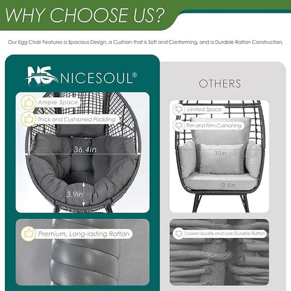 NICESOUL® 2 Person Wicker Stationary Egg Chair Indoor Outdoor Egg Basket Lounge Chair Oversized Thick Cushions Nest Seat with Legs 440lbs Bird Cage Chair with Ottoman, 4 Pieces Boho Chair Gray