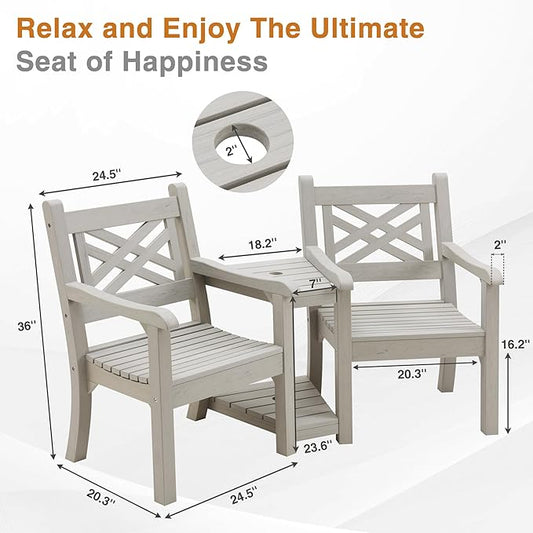 Psilvam Patio Furniture, All-Weather Poly Lumber Outdoor Loveseat, 2-Seater Outdoor Chair with Center Table & Umbrella Hole, Waterproof Accent Chairs Suitable for Lawn, Garden, Terrace (Grey)