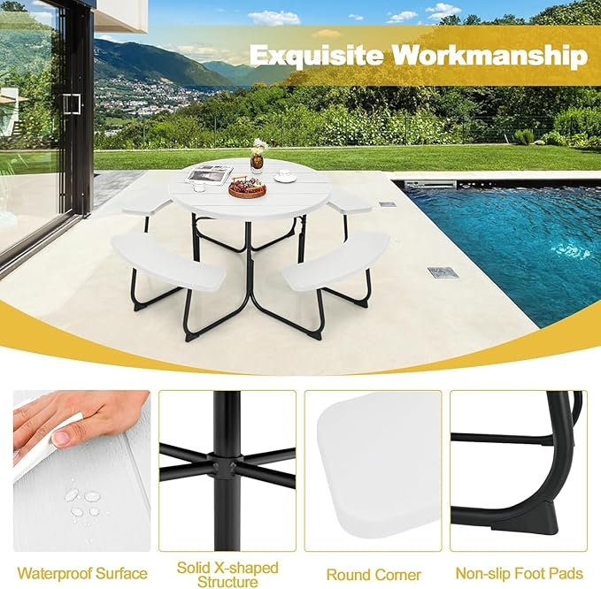 Round Picnic Table for Outdoors, 8 Person Outdoor Picnic Tables & Benches Set with Umbrella Hole - Photo 7