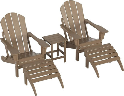 WestinTrends Malibu Outdoor Lounge Chairs Set, 5-Pieces Adirondack Chair Set of 2 with Ottoman and Side Table, All Weather Poly Lumber Patio Lawn Folding Chair for Outside, Weathered Wood