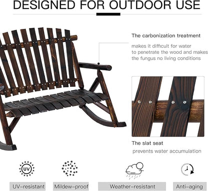 Outsunny Outdoor Wooden Rocking Chair, Double-Person Rustic Adirondack Rocker with Slatted Seat, High Backrest, Armrests for Patio, Garden and Porch, Carbonized