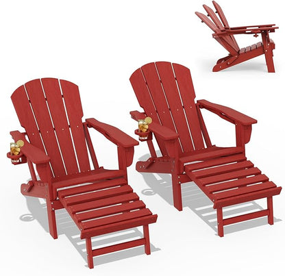 LOUNZY Folding Adjustable Adirondack Chair with Footrest Set of 2,HDPE Recliner Adirondack Chair with Cup Holder for Deck Lawn Fire Pit，Red