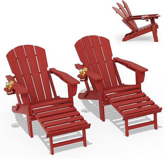 LOUNZY Folding Adjustable Adirondack Chair with Footrest Set of 2,HDPE Recliner Adirondack Chair with Cup Holder for Deck Lawn Fire Pit，Red