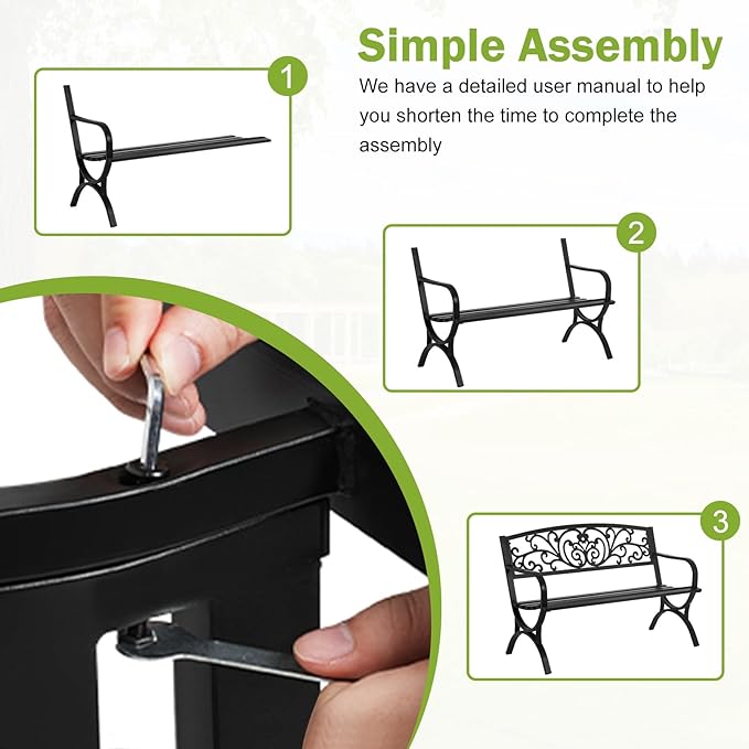 BSTOPHKL 50 Inches Outdoor Garden Bench,Metal Outdoor Furniture Patio Park Bench with Armrests Slatted Seat and Floral Design Backrest for Courtyard Porch Lawn Garden,Black