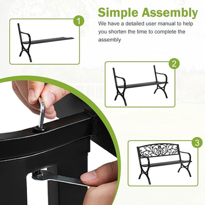 BSTOPHKL 50 Inches Outdoor Garden Bench,Metal Outdoor Furniture Patio Park Bench with Armrests Slatted Seat and Floral Design Backrest for Courtyard Porch Lawn Garden,Black