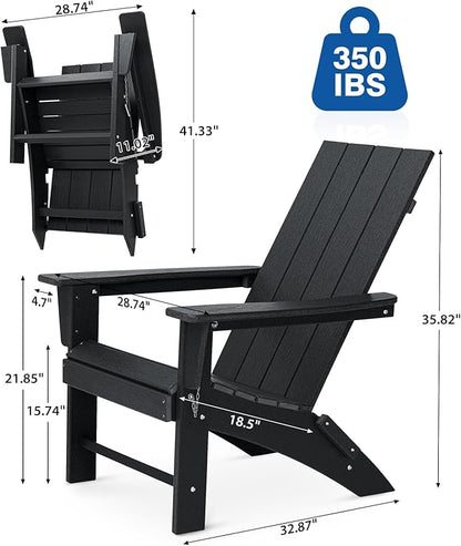 Folding Adirondack Chair Weather Resistant Foldable Fire Pit Chairs HDPE Outdoor Adirondack Chair for Patio Front Porch Pool Garden Deck Fire Pit Outside, Black