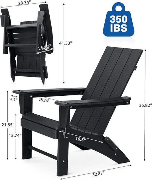 Folding Adirondack Chair Weather Resistant Foldable Fire Pit Chairs HDPE Outdoor Adirondack Chair for Patio Front Porch Pool Garden Deck Fire Pit Outside, Black