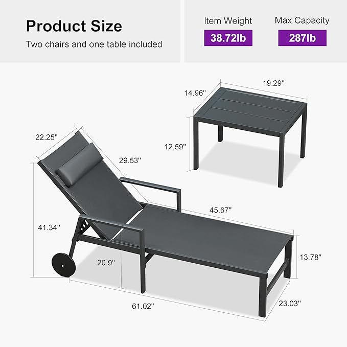 PURPLE LEAF Patio Lounge Chair Set of 3 Outdoor Chaise Lounger Aluminum Frame with Armrest Side Table and Wheels for Pool Outside Sunbathing Tanning Recliner Including Pillows Gray