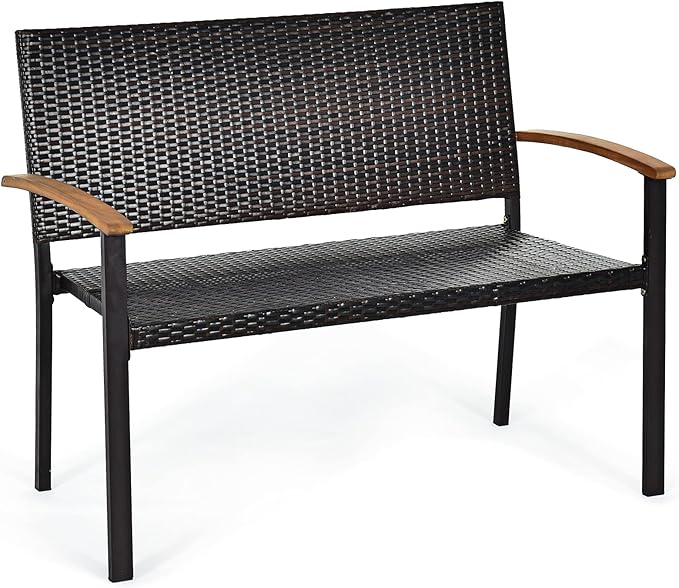 Tangkula Patio Wicker Bench, All Weather Rattan Bench w/Acacia Wood Armrest, Outdoor Loveseat Chair, Lightweight Patio Stackable Dining Bench for Front Porch, Backyard, Lawn, Garden, Pool, Deck