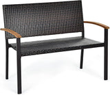 Tangkula Patio Wicker Bench, All Weather Rattan Bench w/Acacia Wood Armrest, Outdoor Loveseat Chair - Photo 1
