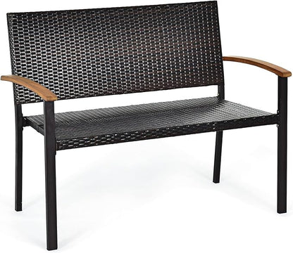 Tangkula Patio Wicker Bench, All Weather Rattan Bench w/Acacia Wood Armrest, Outdoor Loveseat Chair, Lightweight Patio Stackable Dining Bench for Front Porch, Backyard, Lawn, Garden, Pool, Deck