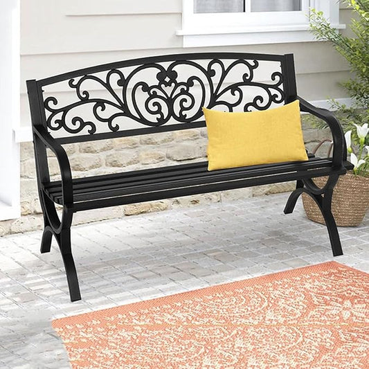 Weatherproof Metal Garden Bench with Floral Backrest, Slatted Design, Arch Legs for Outdoor Patio, Porch, Balcony, Lawn, and Garden (Black)