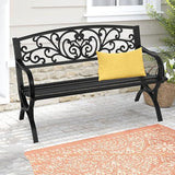 Outdoor Bench Weatherproof Metal Garden Bench with Slatted Patio Bench with Floral Pattern Backrest, Arch Legs for Porch - Photo 1