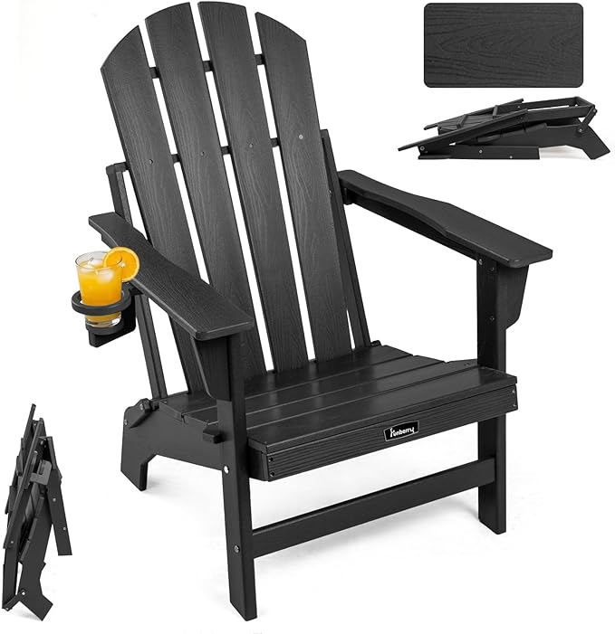 FUNBERRY Folding Adirondack Chair, HDPE Stable Gun-Leg Design Fire Pit Chairs with Cupholder All Weather for Outside